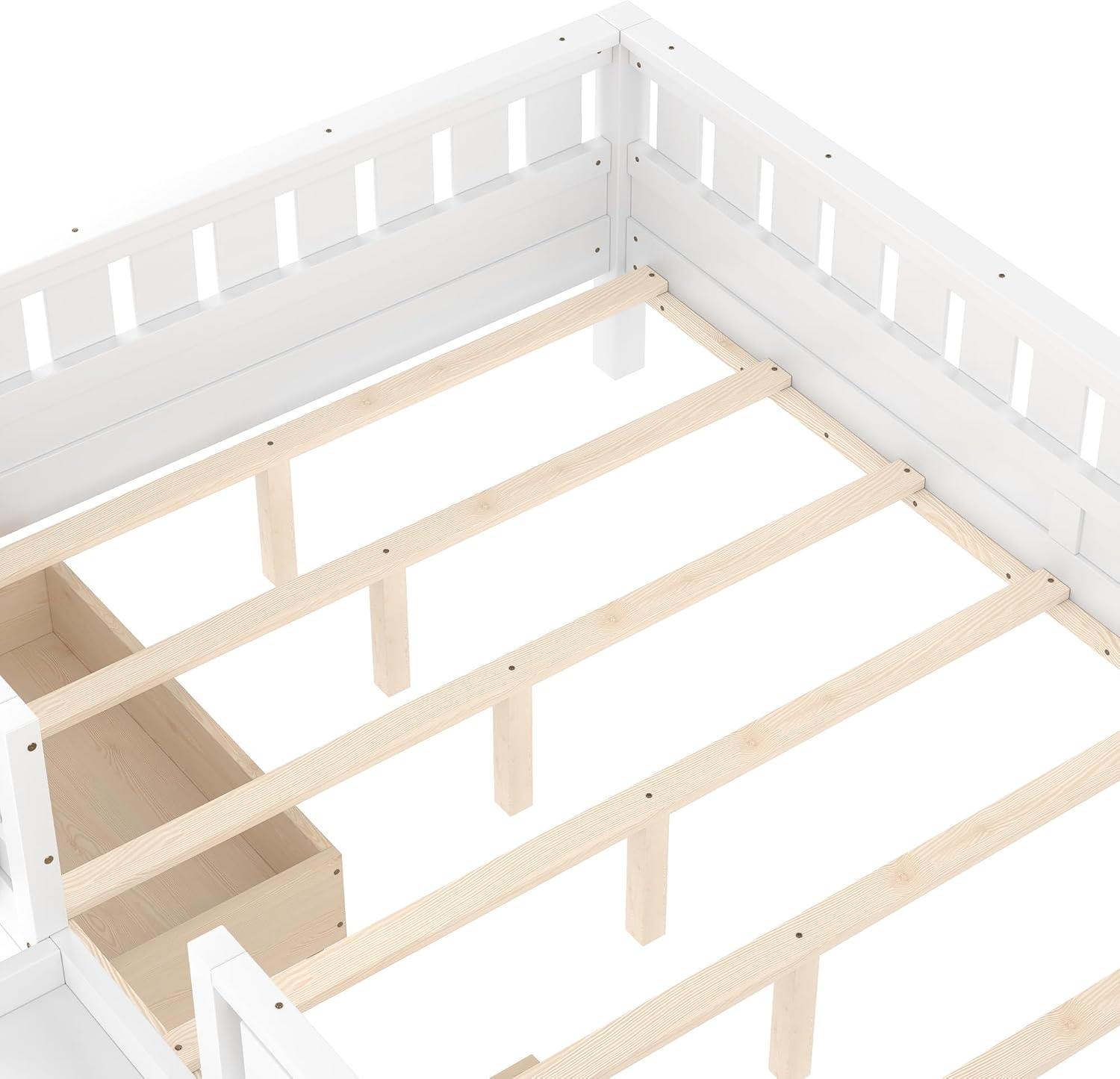 Bellemave Queen Size Bed with Slats and Stairs, Queen Size Platform Bed Frame with Fence, Bookshelf and Storage Drawers, Easy Assemble Beds for Girls, Boys, White