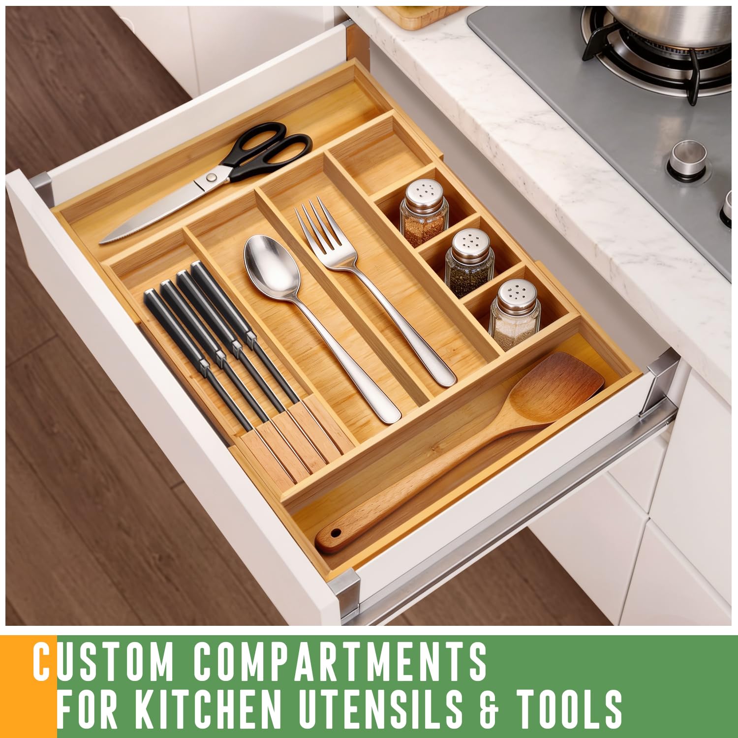 Organizer espandibile per cassetti in bambù con divisori rimovibili, vassoio regolabile da 38,1 a 55,9 cm per utensili da cucina, trucco e ufficio