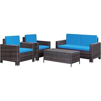 Amazon Com Homall 4 Pieces Outdoor Patio Furniture Sets Rattan Chair Wicker Conversation Sofa Set Outdoor Indoor Backyard Porch Garden Poolside Balcony Use Furniture Blue Garden Outdoor