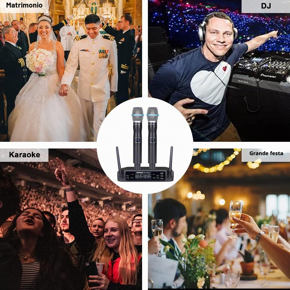 BOMGE Uhf - Microfoni e sistemi wireless in metallo per karaoke, canto, riunioni, feste, chiesa, DJ, matrimoni, (240U)