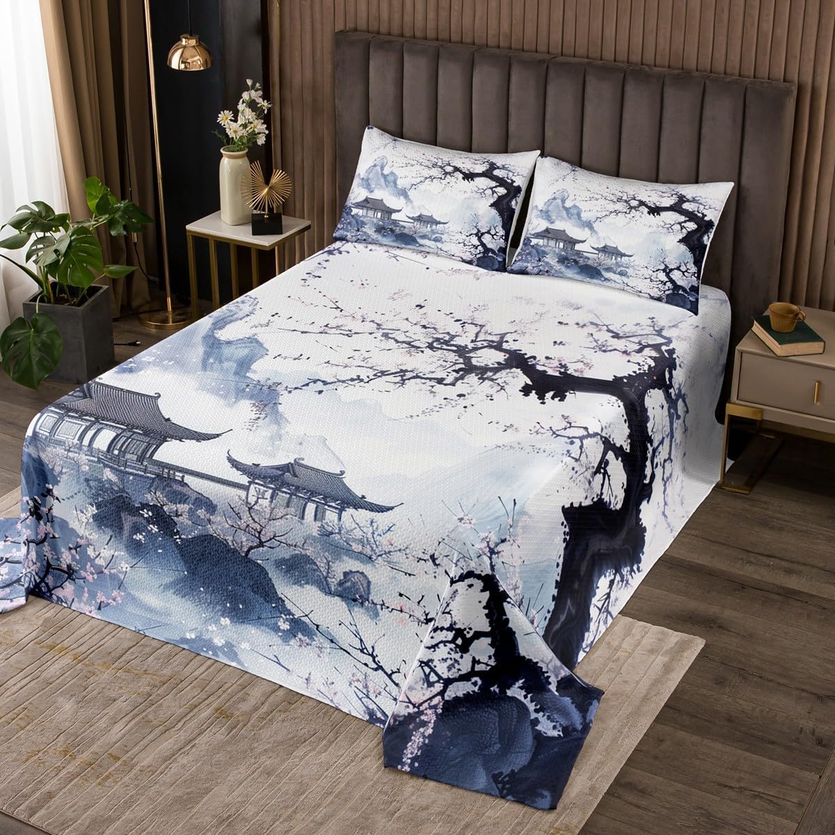 Erosebridal Cherry Blossom Quilt Set King Size for Kids Teens Adults,Japanese Style Coverlet Set,Watercolor White Floral Bedspread Set,Elegant Flower Bed Cover Bedroom Decor