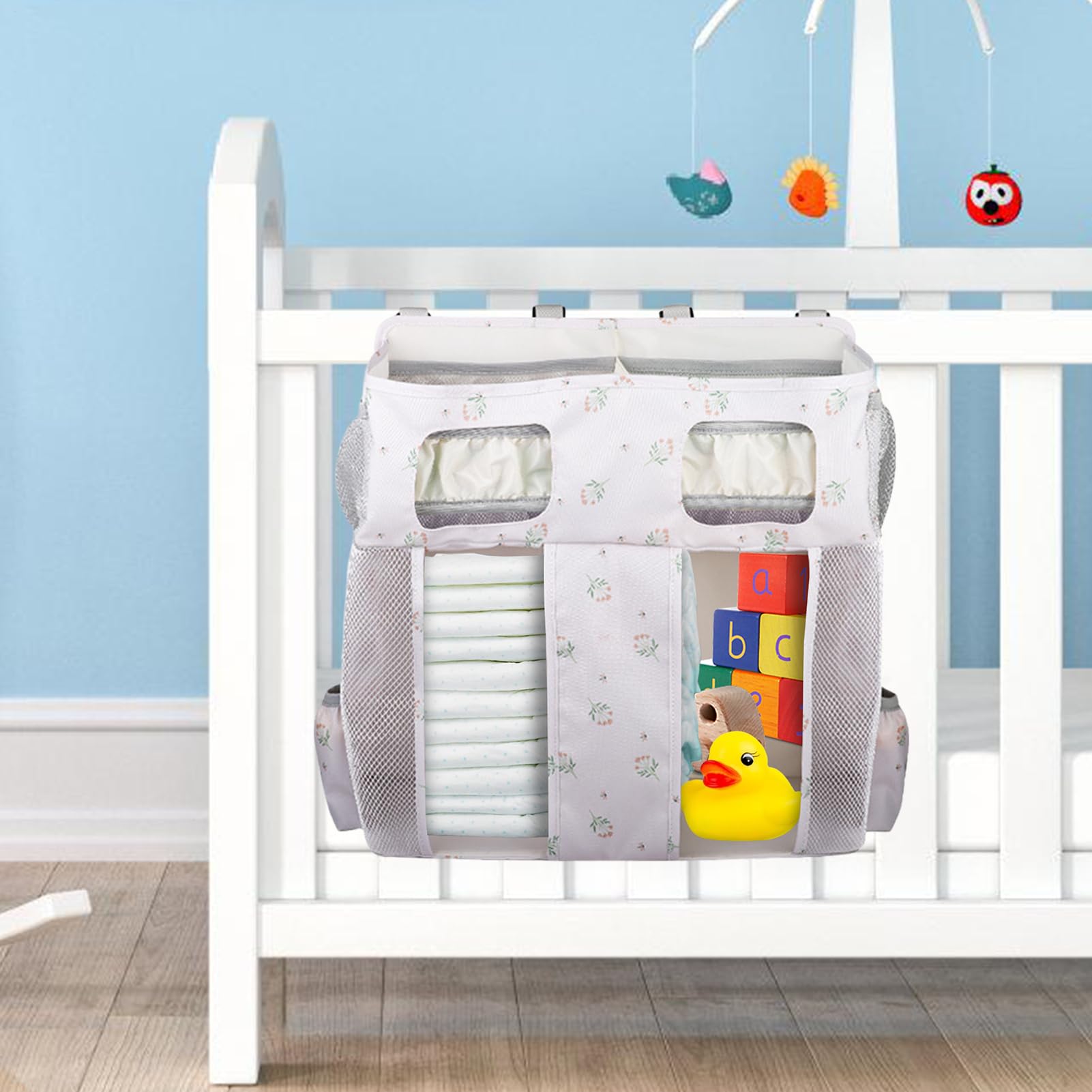 Organizador para cuna, soporte de pared para pañales de 16 cm, organizador multicompartimento para la habitación infantil, portaobjetos multibolsillos para colgar, contenedor para cuna con bolsillos