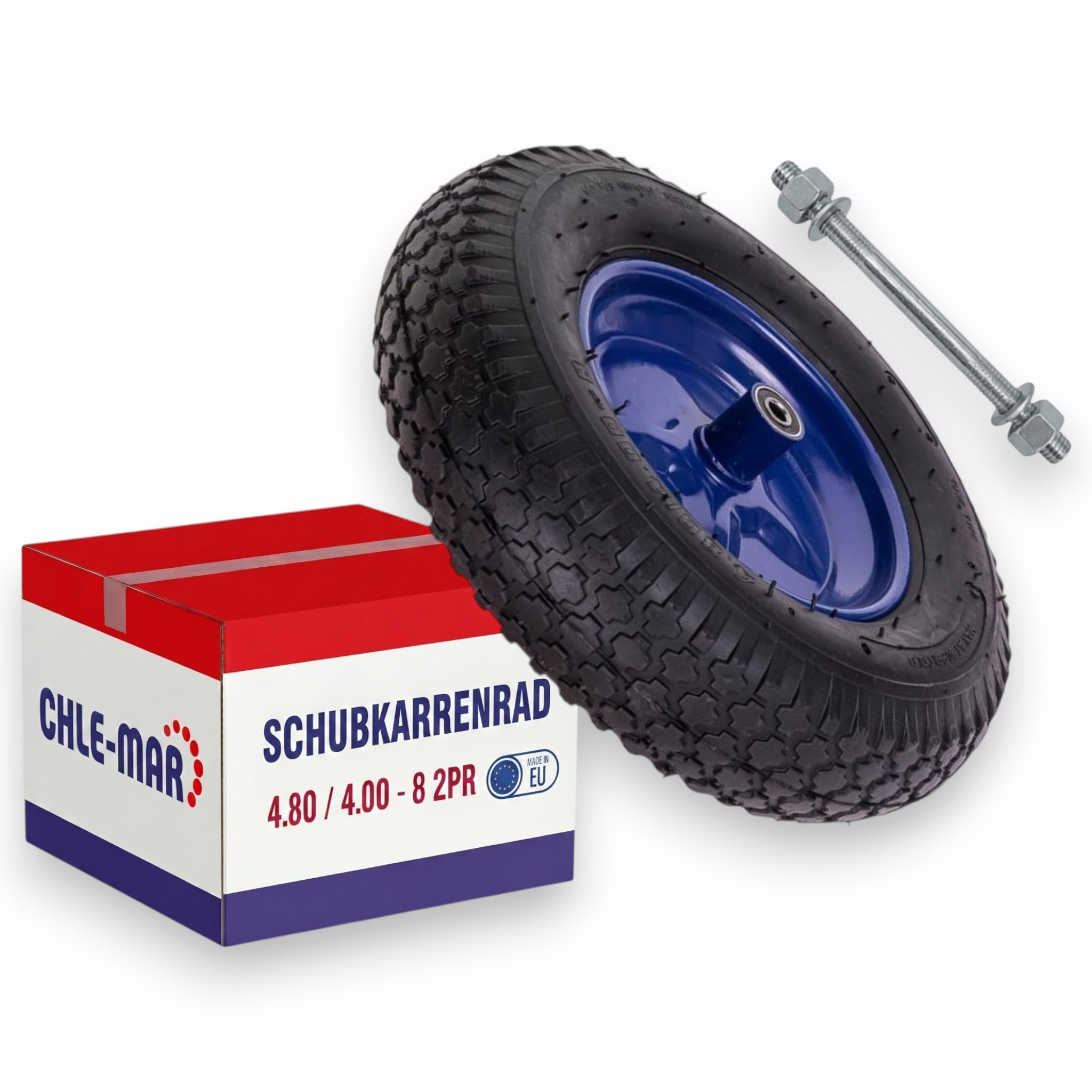 Chle-Mar – Roue de brouette 4.80/4.00-8 avec axe | Pneu gonflable avec jante acier et roulements à billes | Roue de remplacement pour jardin, cour et chantier