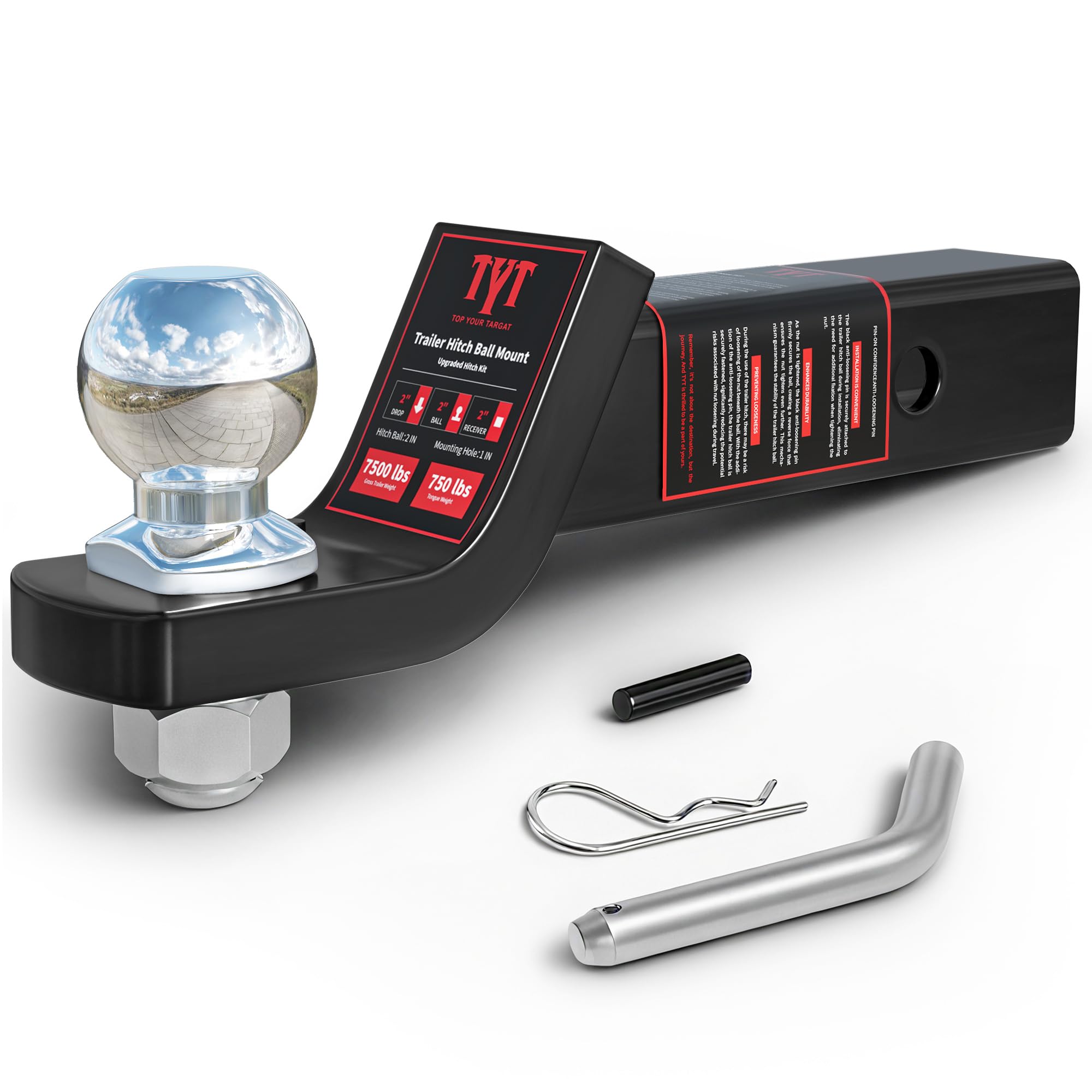 Trailer Hitch Ball Mount with 2 Inch Ball & Pin, Fits 2 Inch Receiver, 7500lbs, 2 Inch Drop, Upgraded Hitch Kit Black with Anti-Rattle Pin