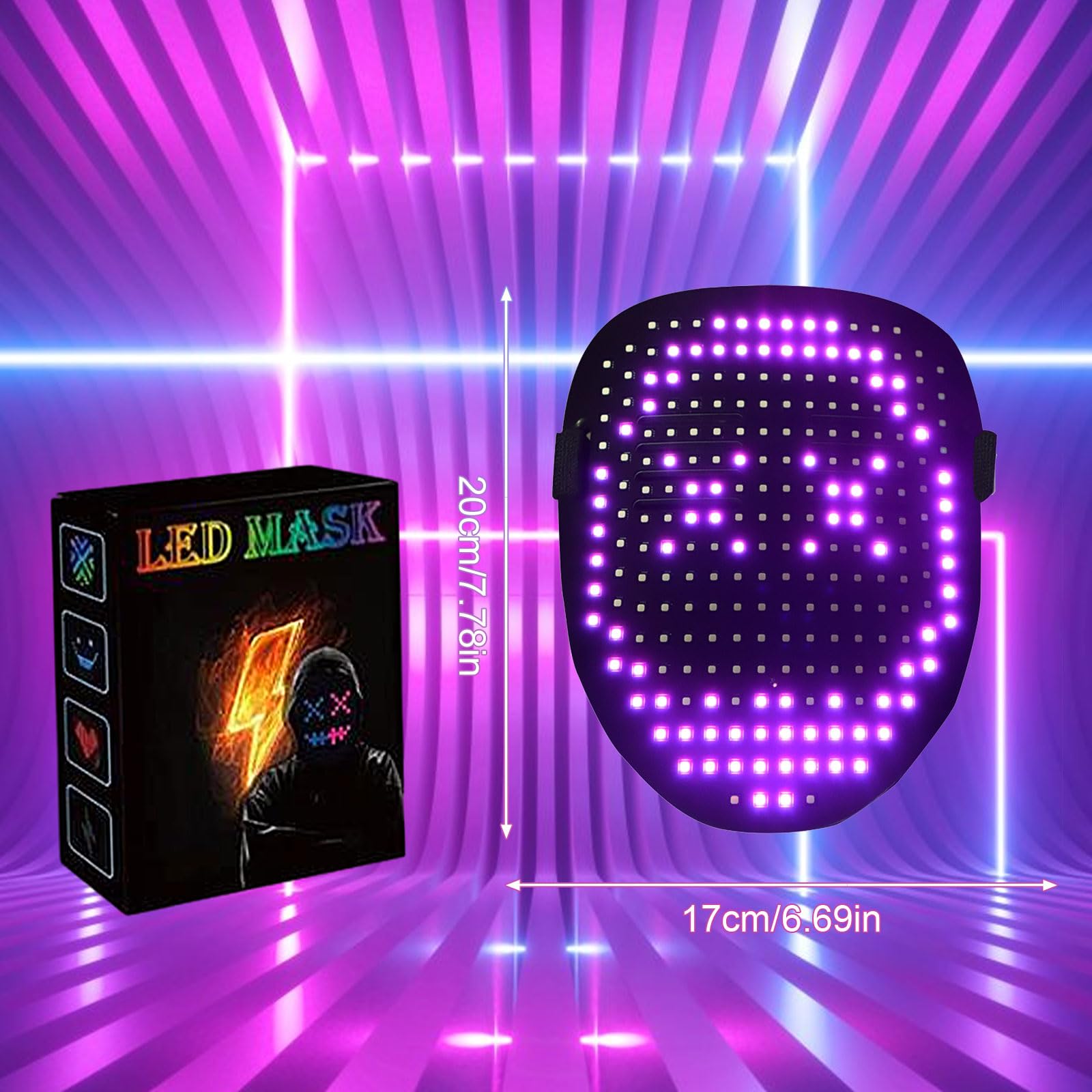 Maschera di Halloween a led, maschera luminosa con 25 modelli statici + 25 dinamici con rilevamento dei gesti Maschera spaventosa per Halloween, Cosplay, Masquerade