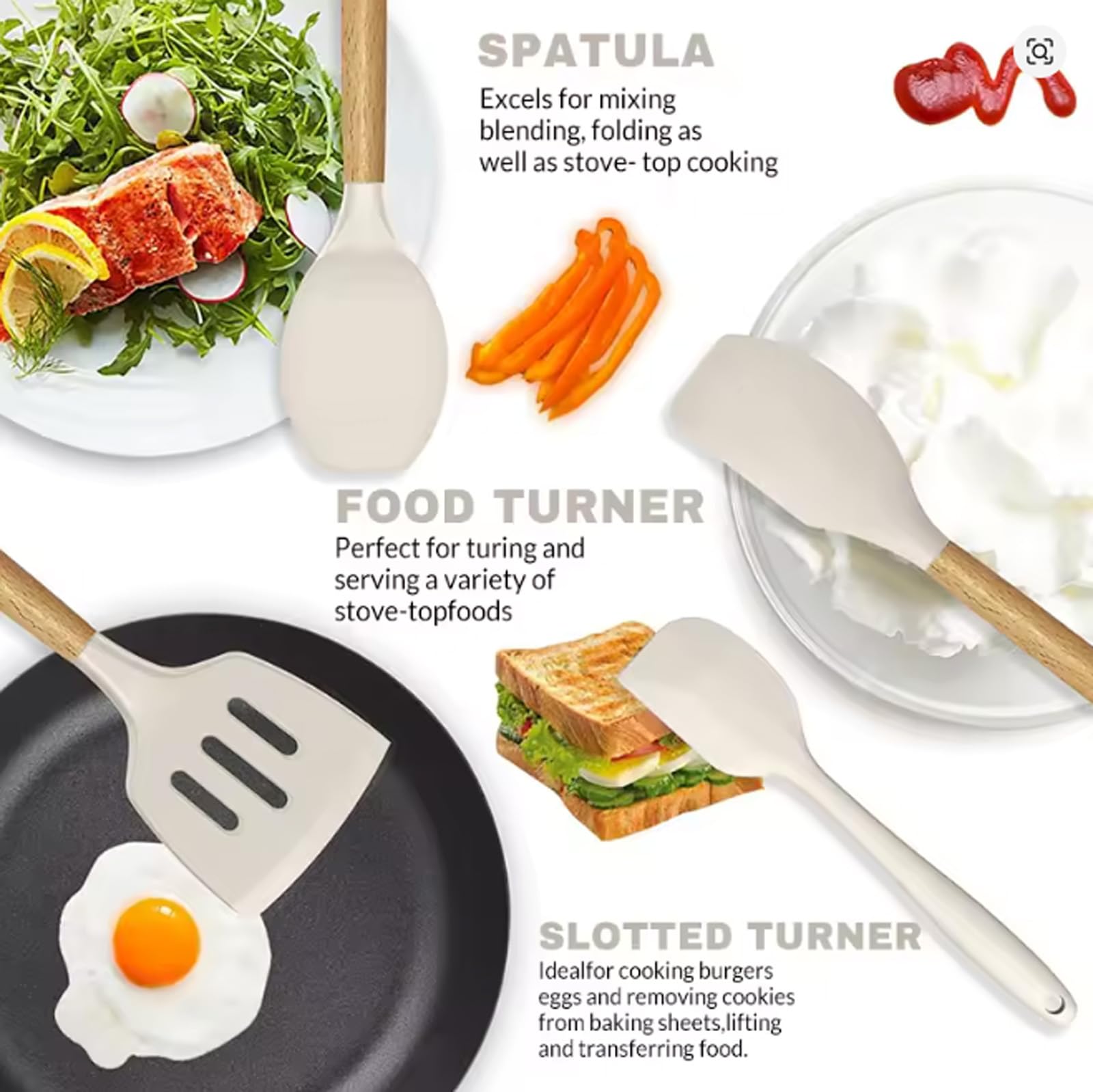 34 Stück Silikon Kochutensilien Kochbesteck Set,Küchenhelfer Set,Hitzebeständiger Kochgeschirr mit Utensilienhalter, Antihaft Kochset Küchenutensilien mit Holzgriff,Tongs,Whisk,Spatula (Beige)