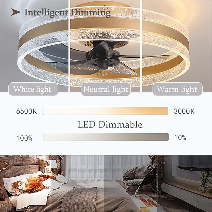JDALX LED-plafondventilator met verlichting en afstandsbediening APP Stille dimbare ventilator met licht Omkeerbare timer Ronde lamp met ventilator Winter Zomermodus voor slaapkamer Keuken-Gold||40CM photo 3
