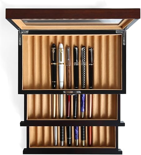 Miniatura 1 de Besforu vitrina de madera de la pluma de 36 ranuras Pluma estilográfica caja organizador de almacenamiento con cajón, ventana superior ventana pluma