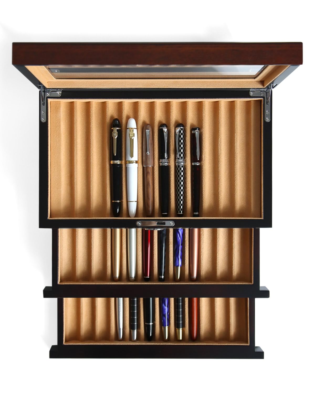 Besforu Wood Pen Display Case 36 Slot Fountain Pen Box Storage Organizer with Drawer, Top Glass Window — image 1