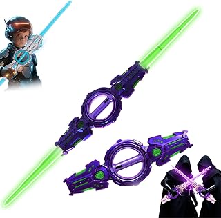 Light Up Sword, Retractable Fire Spin Sword, Double-Edged Lightsaber, 7-Color Expandable Light Toys with FX Sound and Realistic Handle (Gradient Purple)