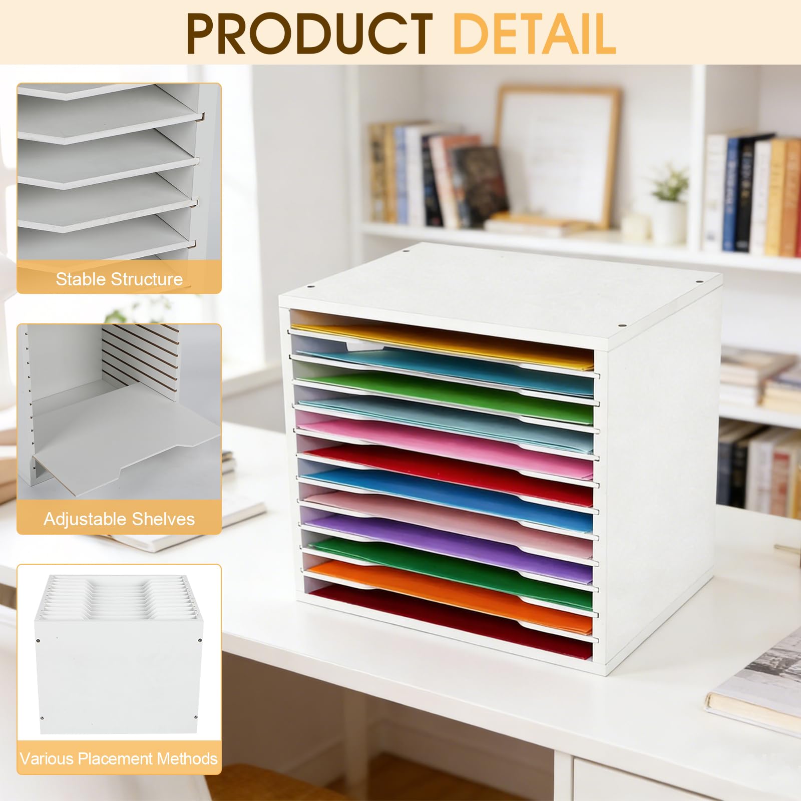 Organizer di carta per scrapbooking in legno, bianco, a 12 livelli, con ripiani regolabili, porta documenti, organizer da scrivania, per scuola, casa e ufficio