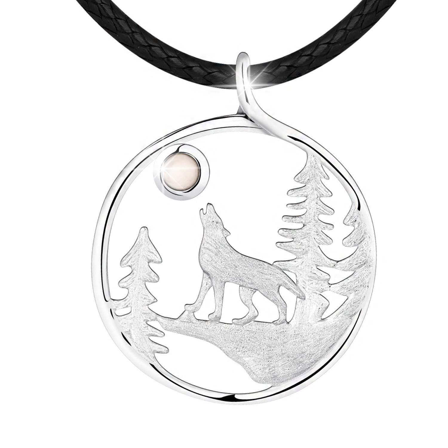 STARCHENIE925 Sterling Silver Wolf Necklace Howling Wolf Pendant Necklace for Men Women With Moonstone