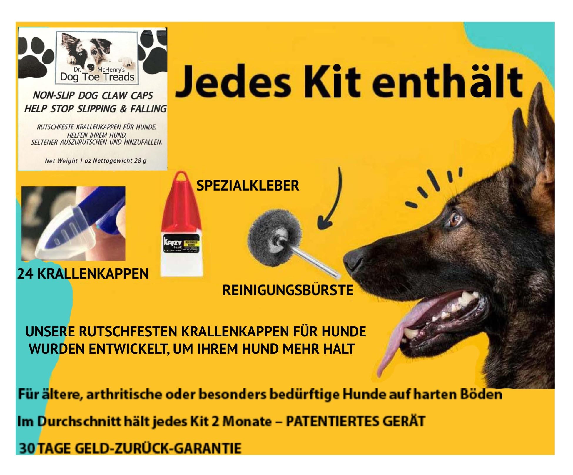 Dr. McHenrys Krallenkappen für Hunde 24er Set mit Kleber und Reinigungsbürste, mehr Halt und Stabilität auf rutschigen Böden, Größe XL für 27–68 kg Gewicht