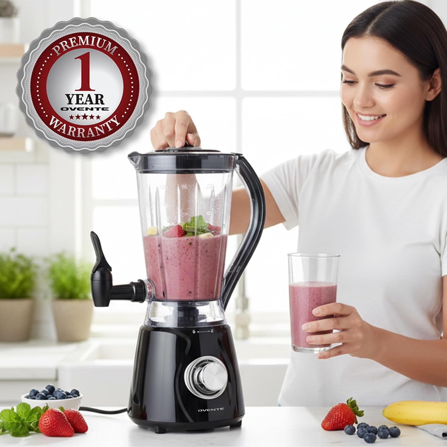 OVENTE Margarita Machine and Frozen Drink Maker with 350W Power, Easy Spout Dispenser, Stainless Steel Blade, 48-Ounce Electric Blender for Smoothies, Margaritas, Daiquiris and Slushies, Black BPM12B, view 8