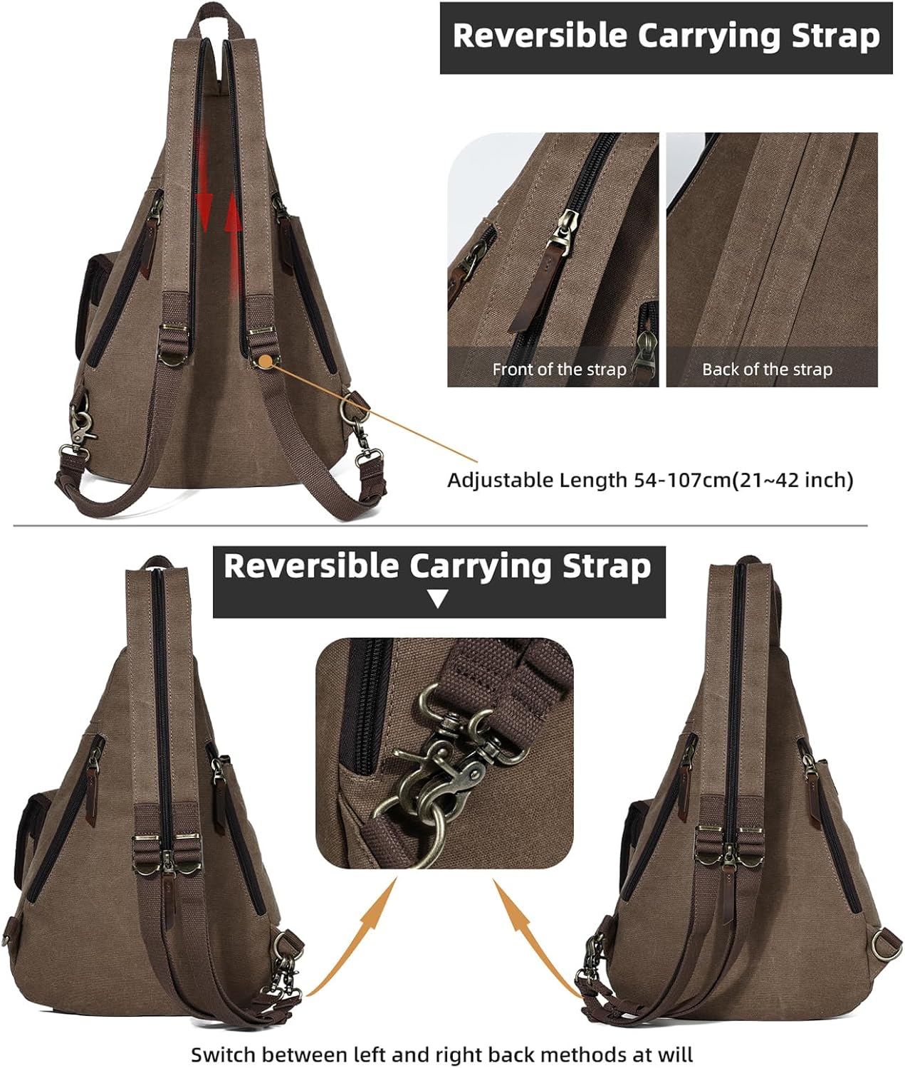 KL928 Canvas Sling Bag - Casual Crossbody Shoulder Daypack Rucksack Backpack for Men Women, Brown - Image 3