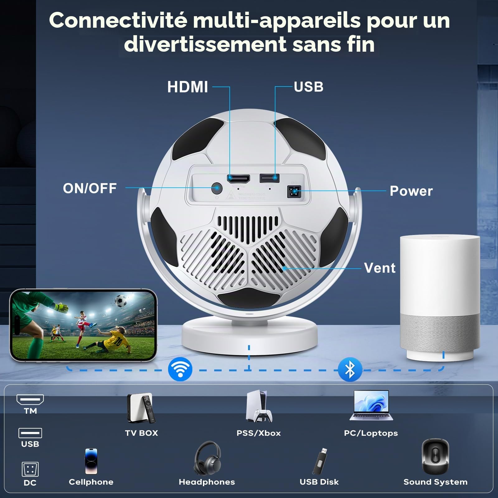 [Projecteur de Football] Mini Projecteur, Videoprojecteur avec WiFi 6 Bluetooth 5.4,Android 14,Supporte 4K,Auto Keystone Rotation 180° .Compatible HDMI/TV Stick/Laptop/Téléphones