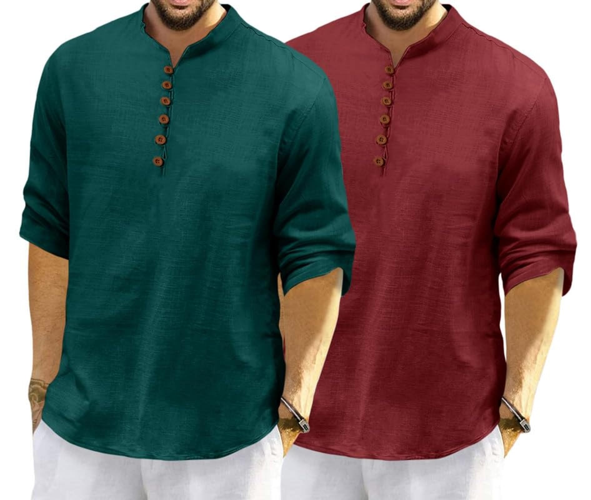 ROYALSCOUT Men's Cotton Polyester Blend Solid Regular Fit Full Sleeve Short Kurta | Ethnic, Lightweight Summer Kurta for Daily & Occasion Use Green-Maroon