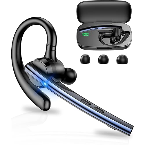New bee Bluetooth Headset V5.1 Bluetooth Earpiece Dual Mic with 500mAh Charging Case 72H Talk Time Wireless Hand-Free Headsets with Mute Button for Cell Phone Calls Driving Computer Work