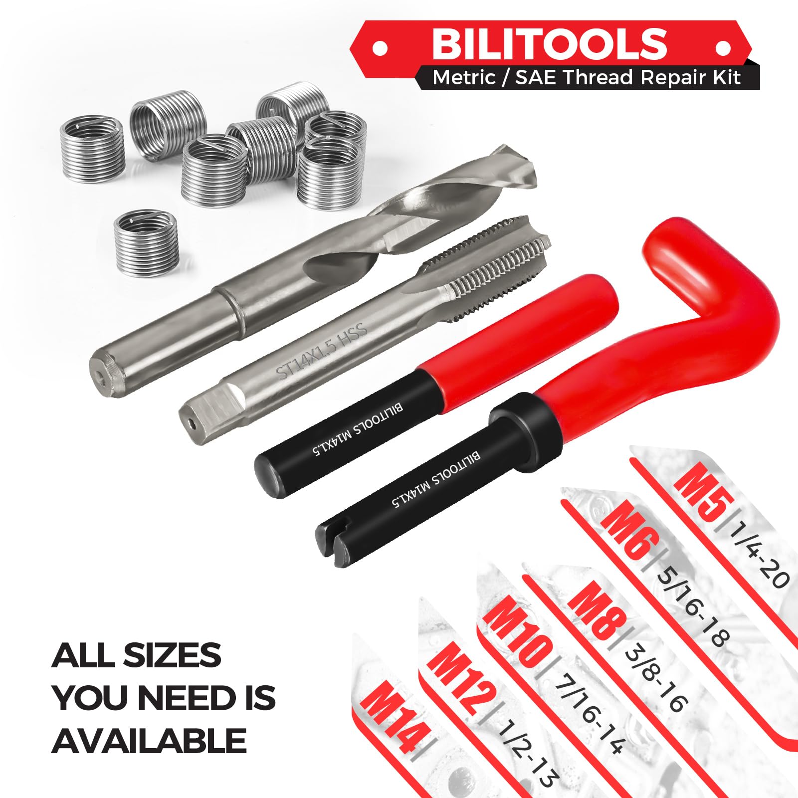 BILITOOLS Kit de reparación de rosca helicoidal M14x1.5 métrico, HSS kit de reparación de bobina helicoidal