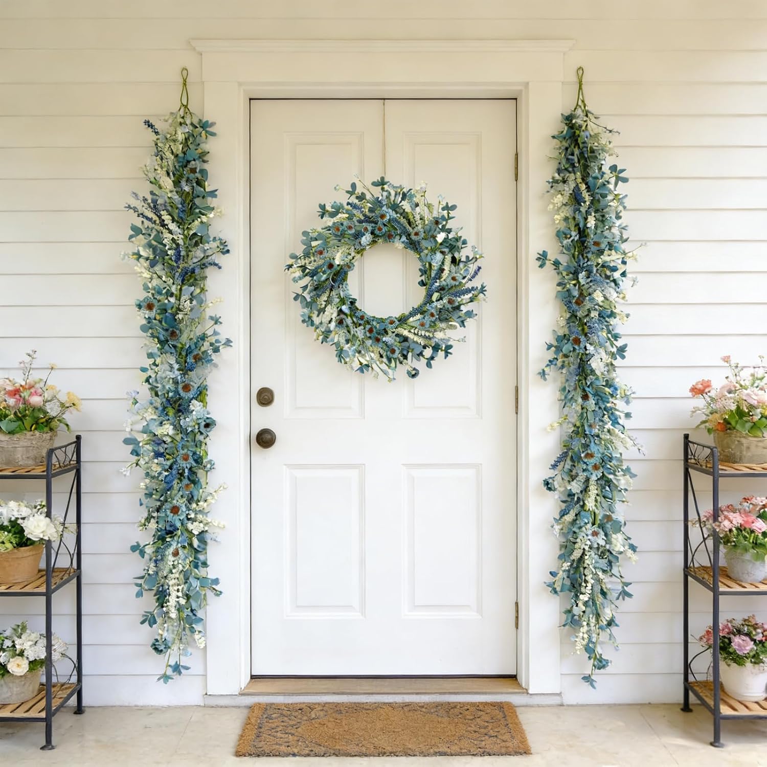 Bibelot 6FT Blue White Artificial Flower Garland, Spring Garland with Greenery, Floral Garland for Wedding Home Mantle Fireplace Stairs Decor