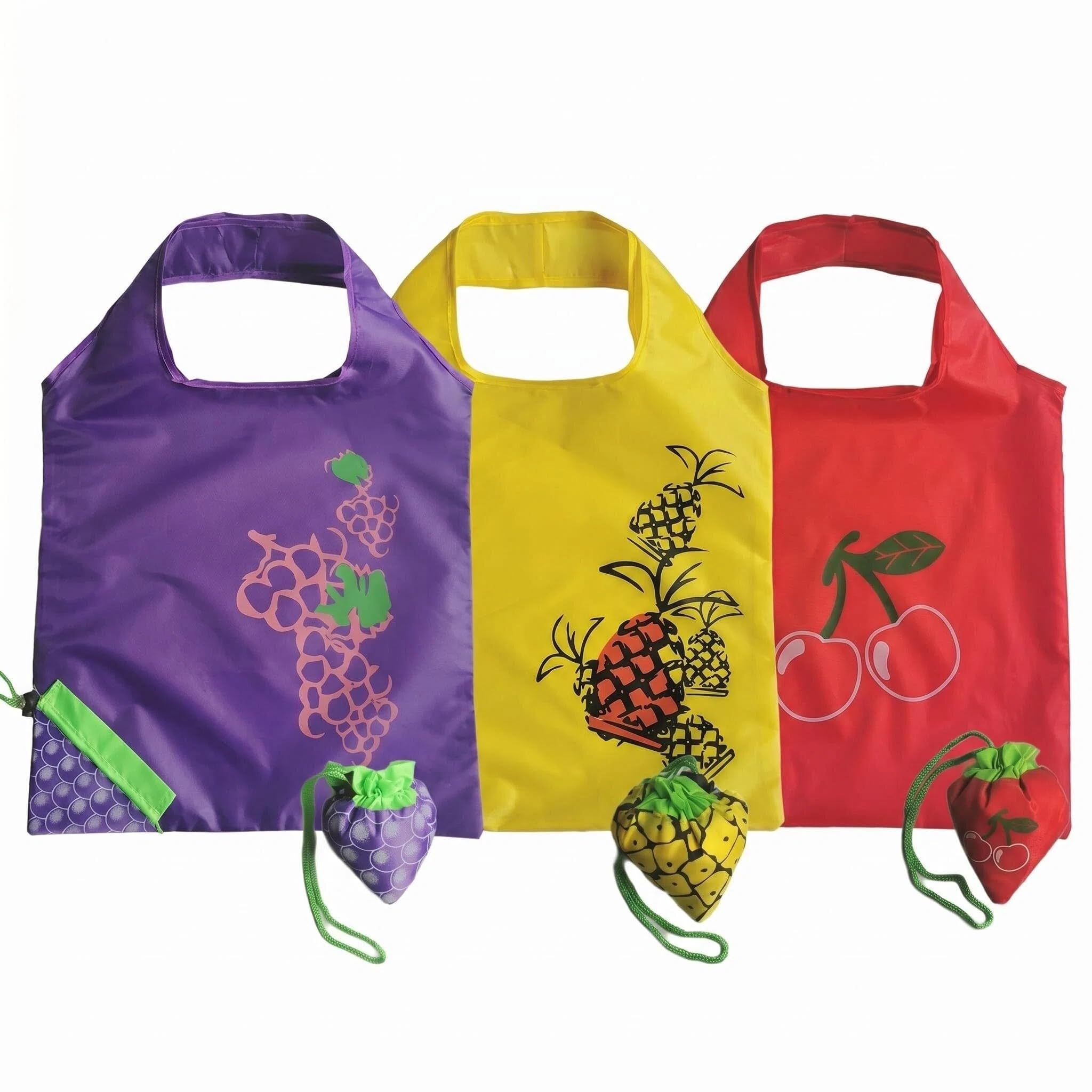 PLUSHCEWT 3 Pcs Fruit Foldable Shopping Bags, Reusable Tote Bags with Hand Strap, 38x53cm Portable Grocery Bag that Folds into Cute Fruit Pouch, Lightweight Durable for Shopping, Travel, Beach (M1) — image 1