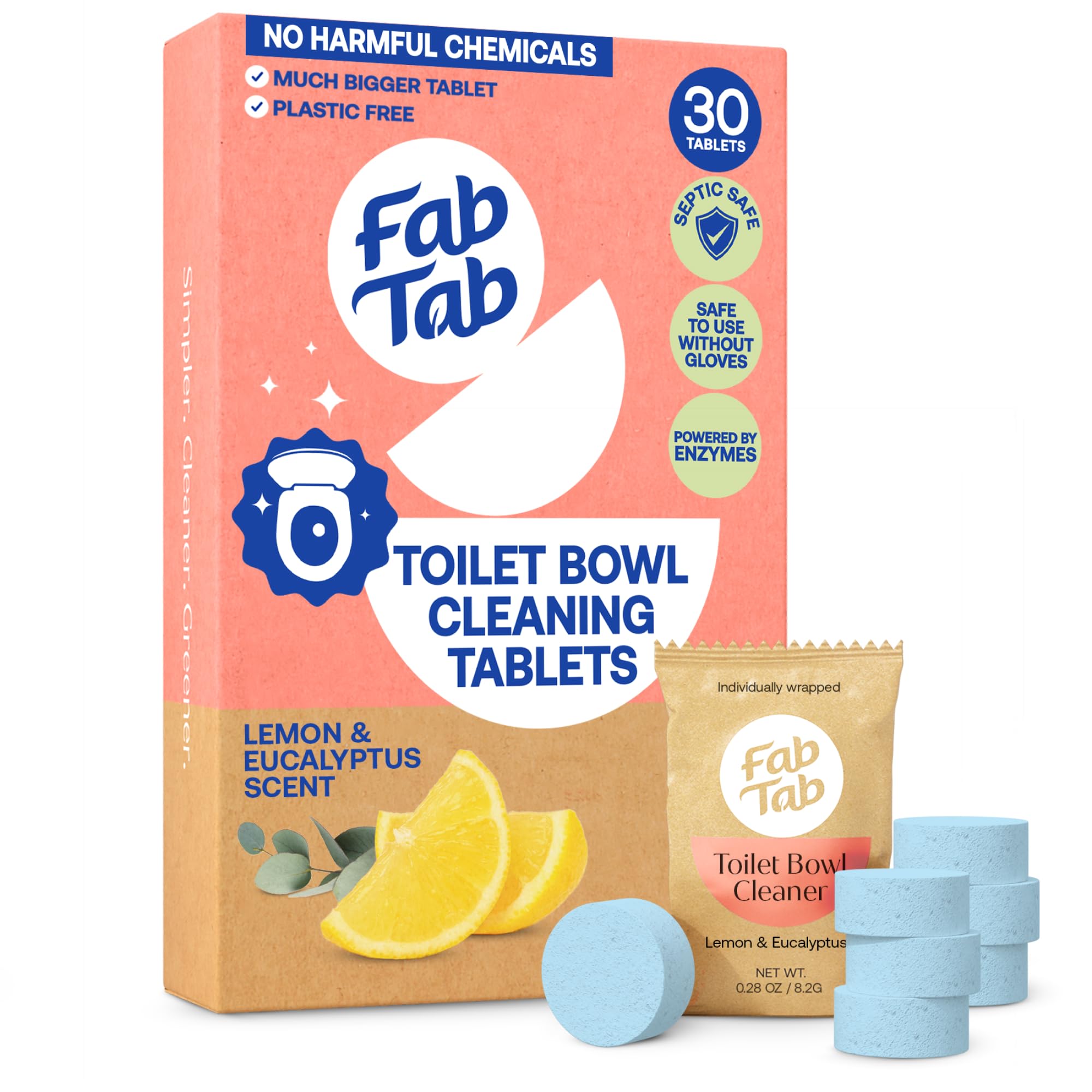 Fab Tab Tabletki do czyszczenia muszli klozetowej – bez ostrych chemikaliów | Usuwa rdzę i plamy | Naturalne produkty czyszczące | zatwierdzone przez rodziny i zwierzęta domowe bez plastiku | (30)