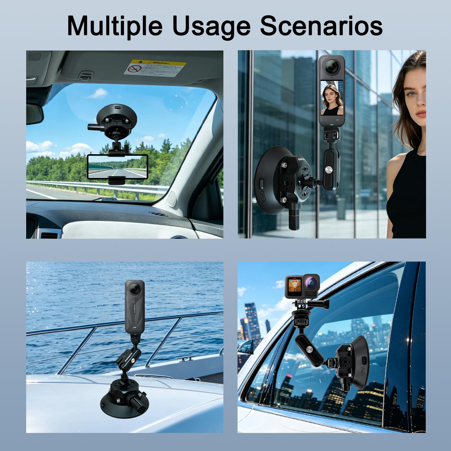 5'' DSLR Cámaras Coche Ventosa Soporte Compatible con Insta360 X5-X,Osmo 360/ Osmo Nano,60KG/132lbs Metal Bomba de Vacío Succión Soporte con Rótula Mágica & ARRI 1/4" 3/8" Agujeros para Acción Cámara