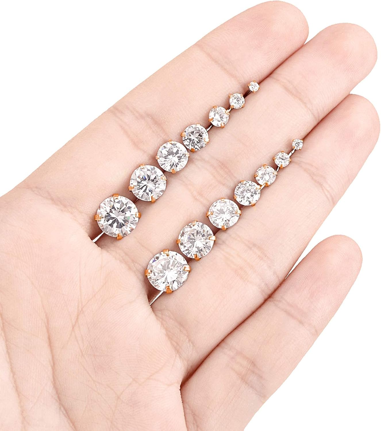 Tornito 7 Pairs 20G Stainless Steel Stud Earrings Round Cubic Zirconia Barbell Earring Set For Men Women 2MM-8MM Rose Gold Tone - Image 6