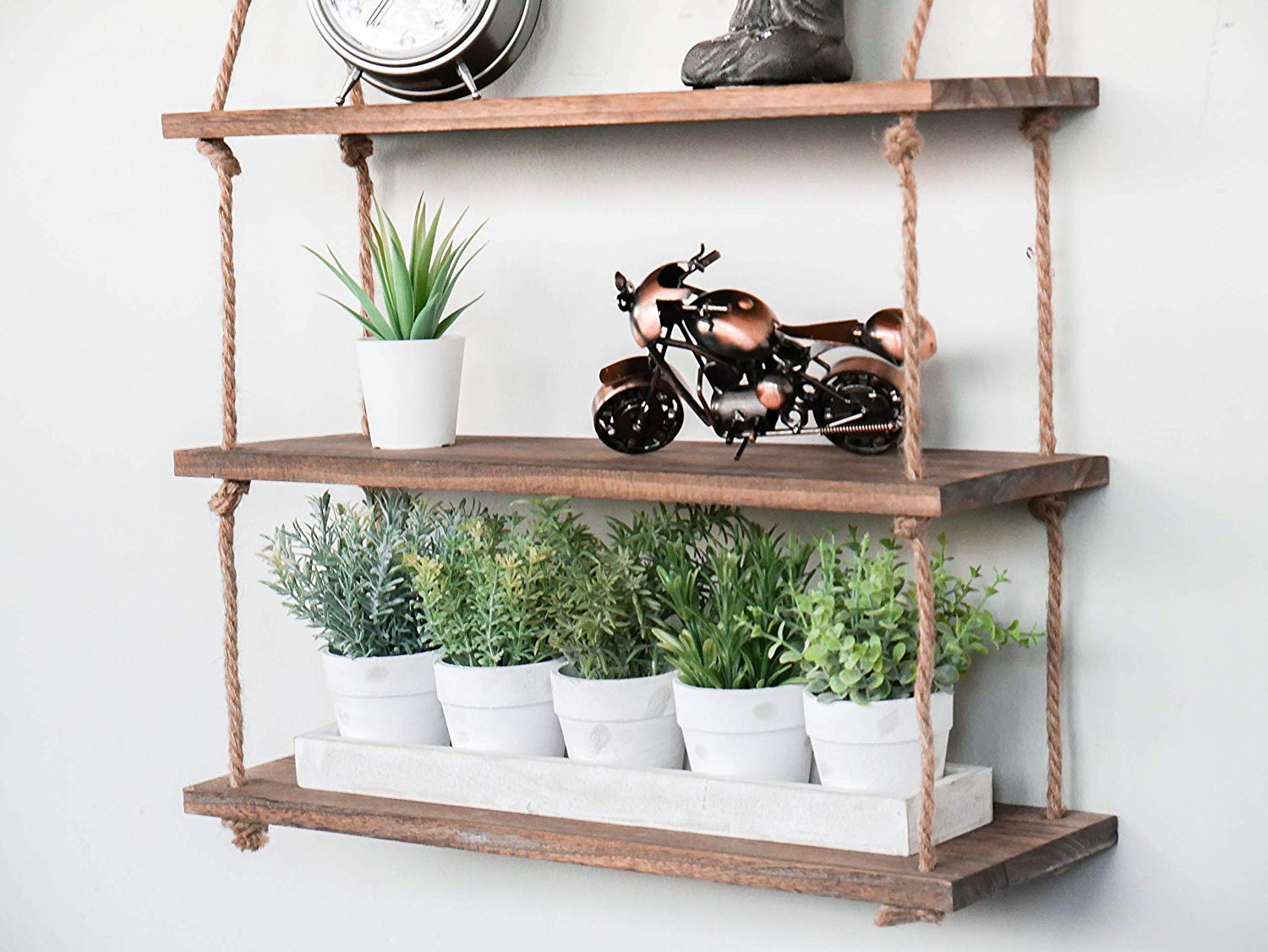 HomeZone® 3 Tier Vintage Shabby Chic Shelving With Rope Shelf Rustic