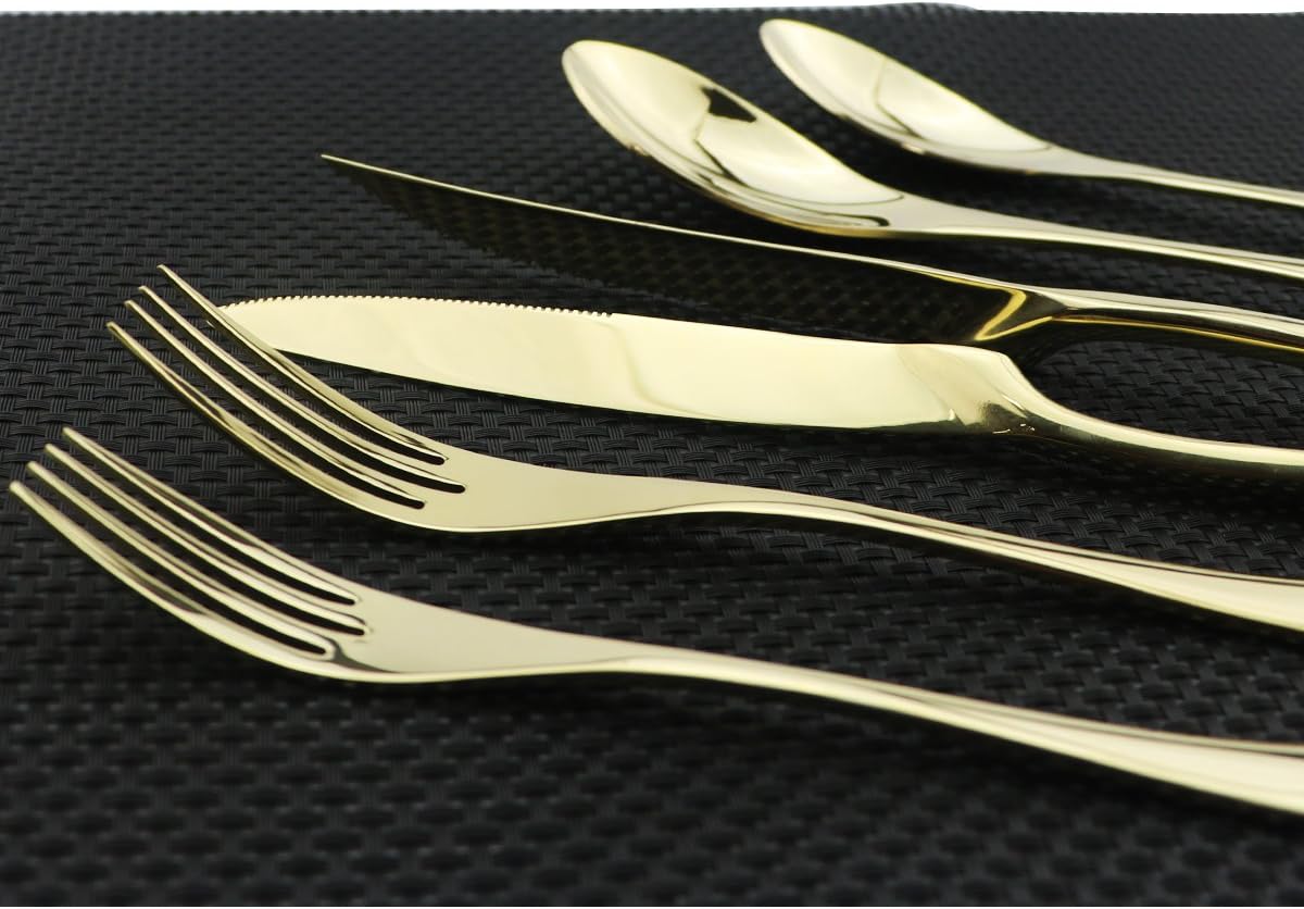 Flatware Set 18/10 Stainless Steel Mirror Polished Champagne gold Cutlery - Silverware Utensil Set of Steak Knife Dinner Fork Knife Spoon Salad Fork Dessert Spoon,24 Piece Service for 4