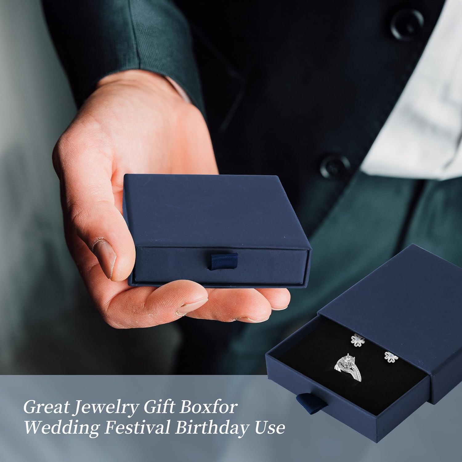 MATUFF Jewelry Box, 10 Pack 3.5" × 3.5" x 1" Bulk Sponge Fill Cardboard Jewelry Gift Boxes, Drawer Style Small Gift Boxes for Necklace Pendant Bracelet Ring Earring Display and Storage, Navy blue - Image 7