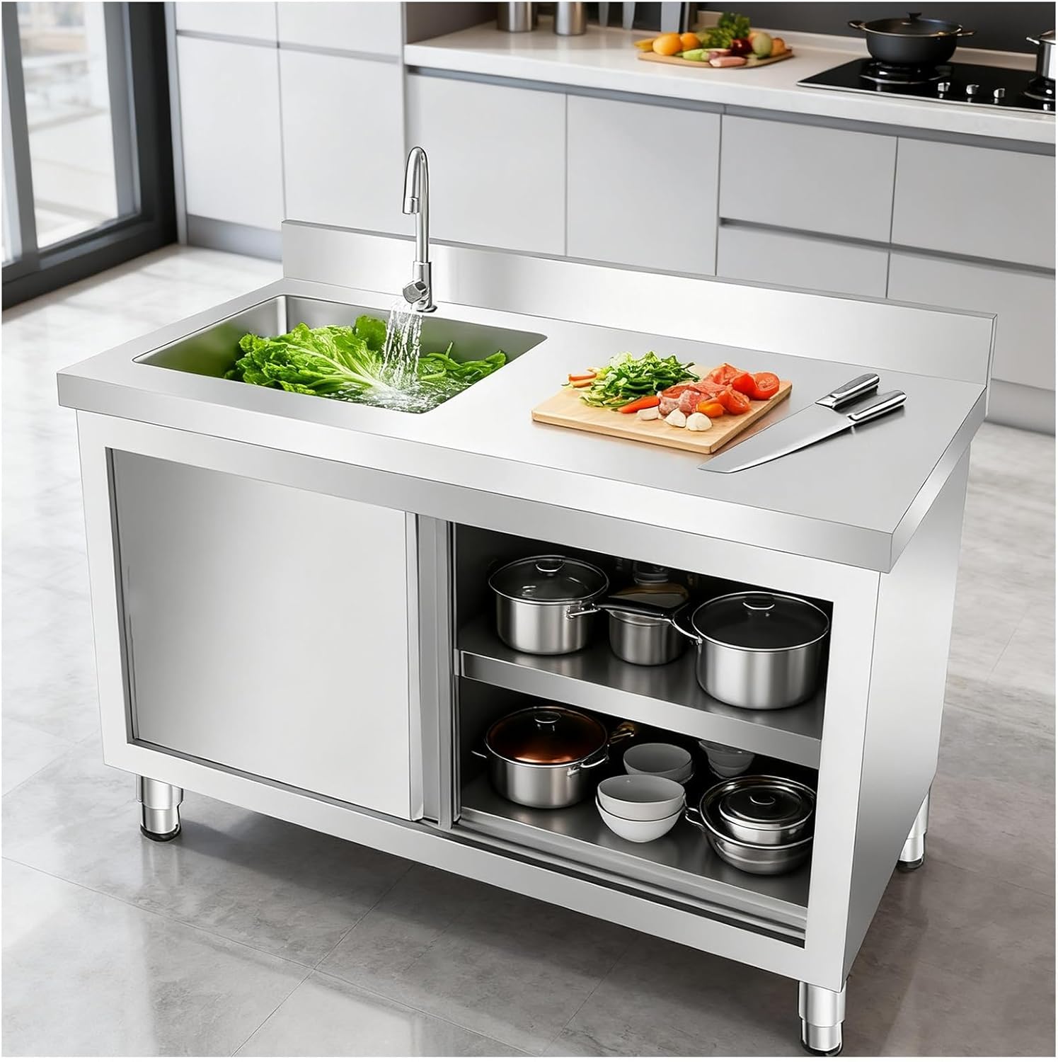Kitchen Workbench with Sliding Door Design Stainless Steel Work Table Integrated Sink Ample Storage Space Seamless Welding Dual-Direction Rails Reinforced Cross-Beam Construction