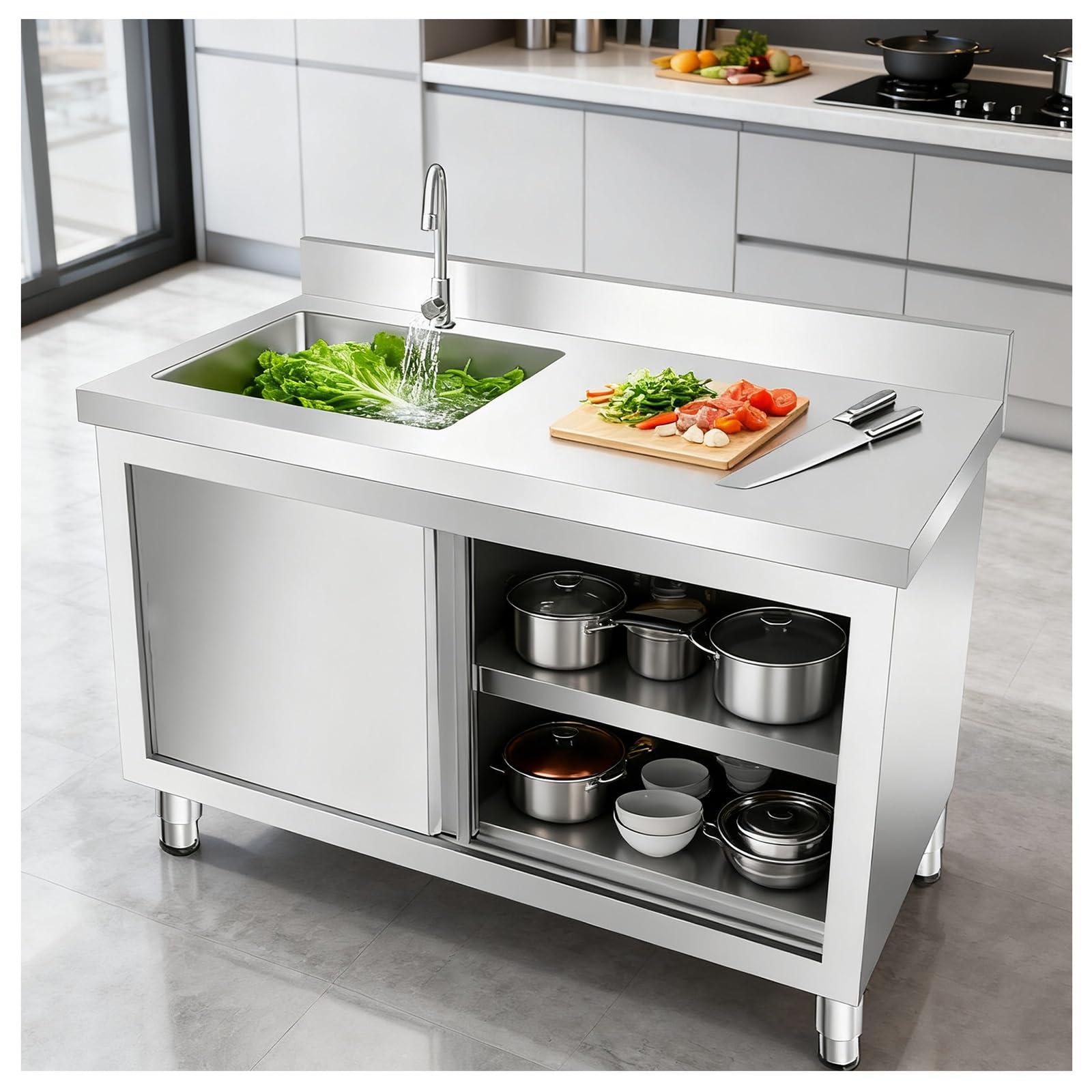 Tavolo da Lavoro per Cucina Design con Scorrevoli Piano di in Tavolos Acciaio Inox Lavello Integrato Ampio Spazio Stoccaggio Saldature Senza Giunture Meccanismo Scorrimento