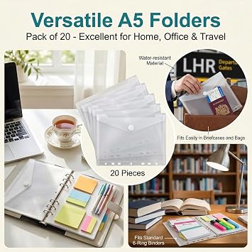 20 Pack A5 Clear Plastic Wallets Folder,A5 Punched Pockets Clear Envelope
