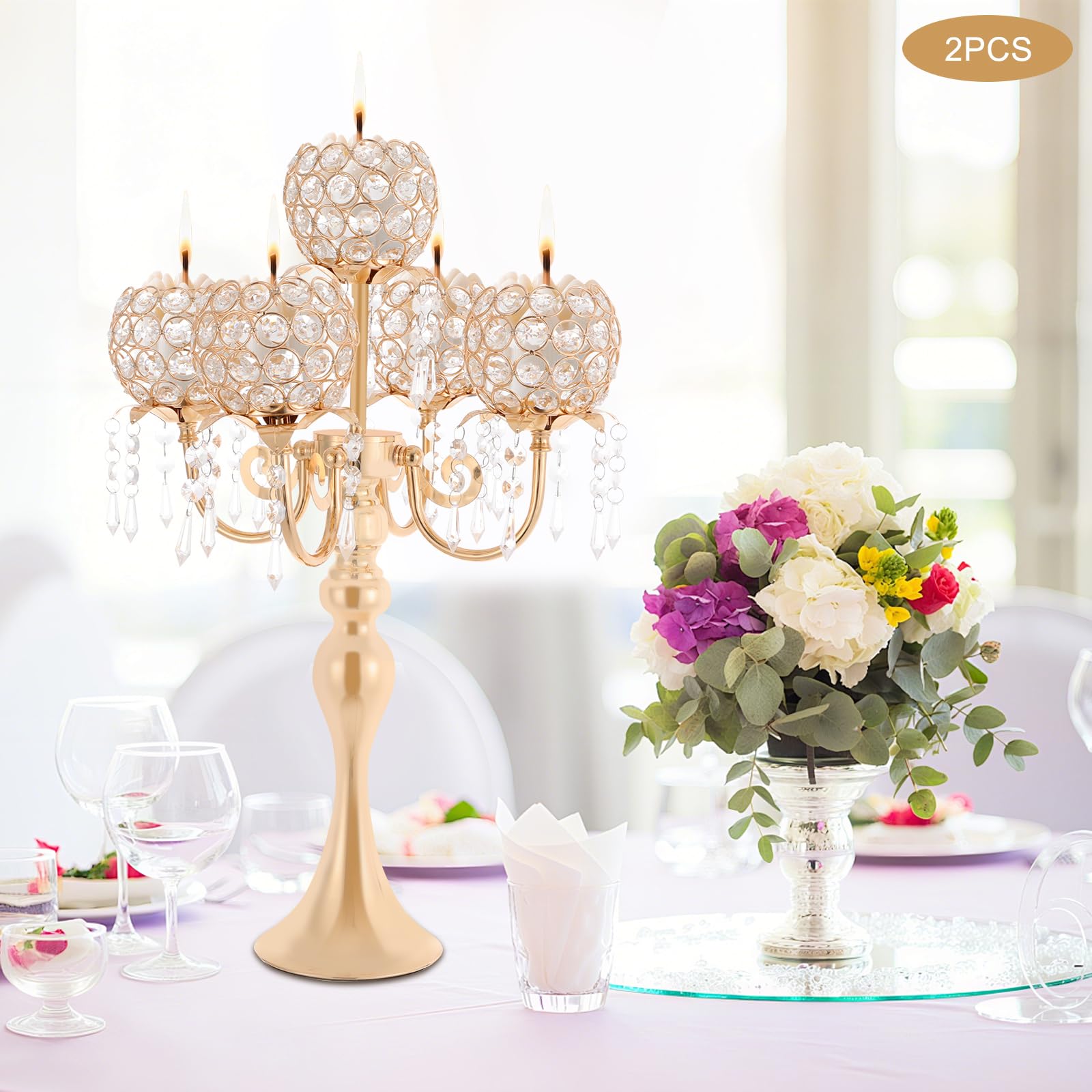 Kristall Kerzenhalter 2er Set 57cm, 5-Armiger Kandelaber Tischdeko, Gold | Moderner Tischkerzenständer für Hochzeiten Abendessen Geburtstage, 13cm Basis Stabil