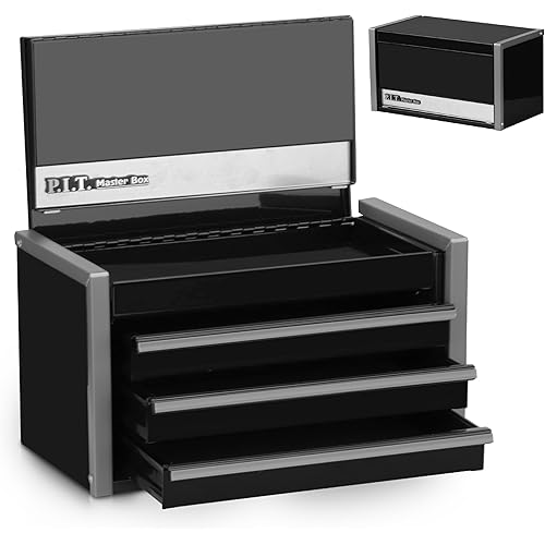 P.I.T. Mini Black Tool Box, Portable 3 Drawer Steel Stackable Tool Box with Magnetic Tab Locking, Black Micro Top Chest with Liner for Tools Storage and Organizers, Home DIY