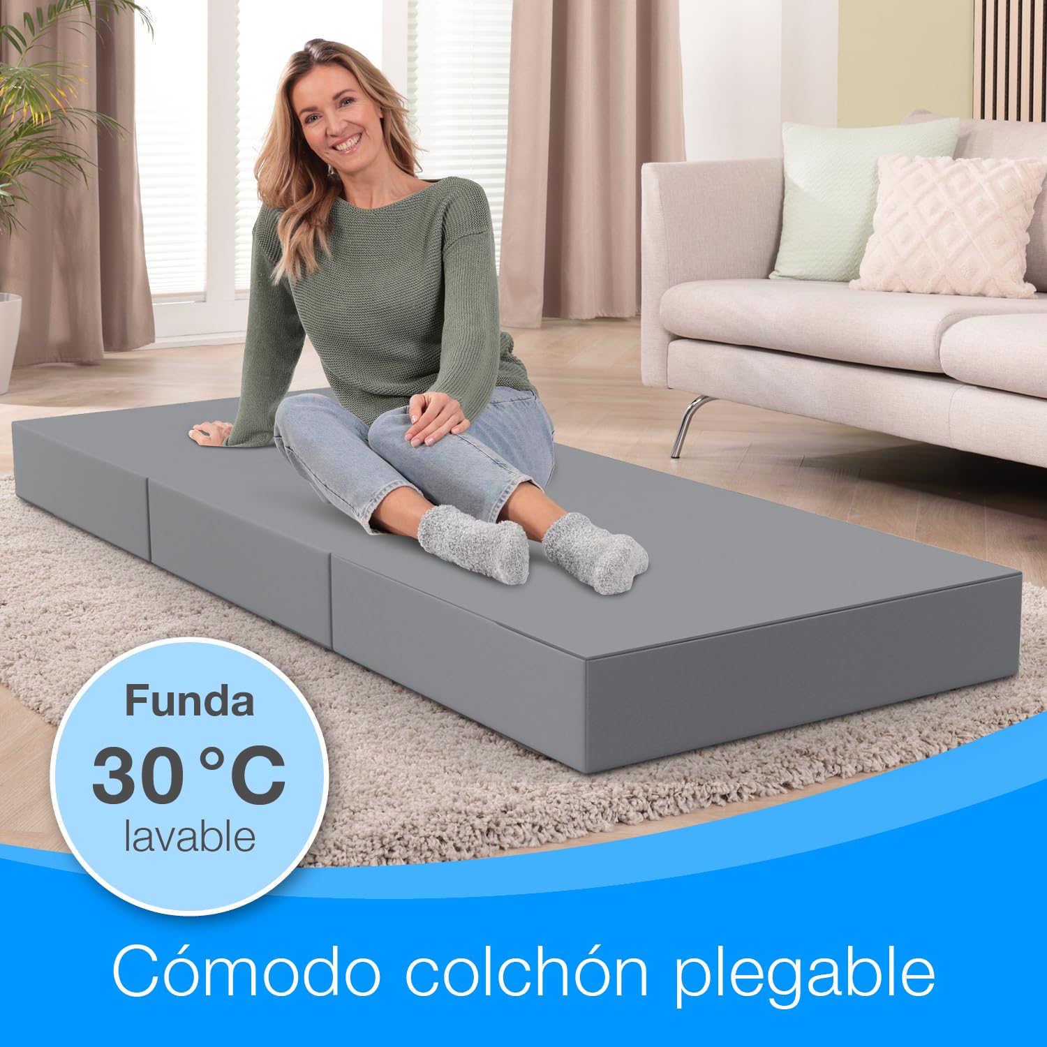 ELONEO Colchón Plegable, colchón para Invitados, colchón Plegable de 3 Piezas, Espuma Extra Gruesa (15 cm), Lavable, Plegable, Adultos (Gris, 75 x 195 x 15 cm)
