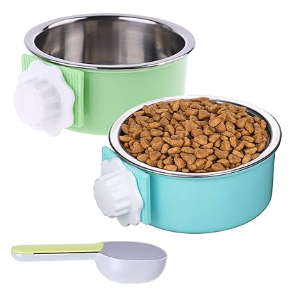 Crate Dog Bowl, Removable - 2 Pieces Hanging Dog Cage Bowl Kennel Water Feeder with Food Spoon for Puppy Cat Rabbit Ferret Guinea Pig