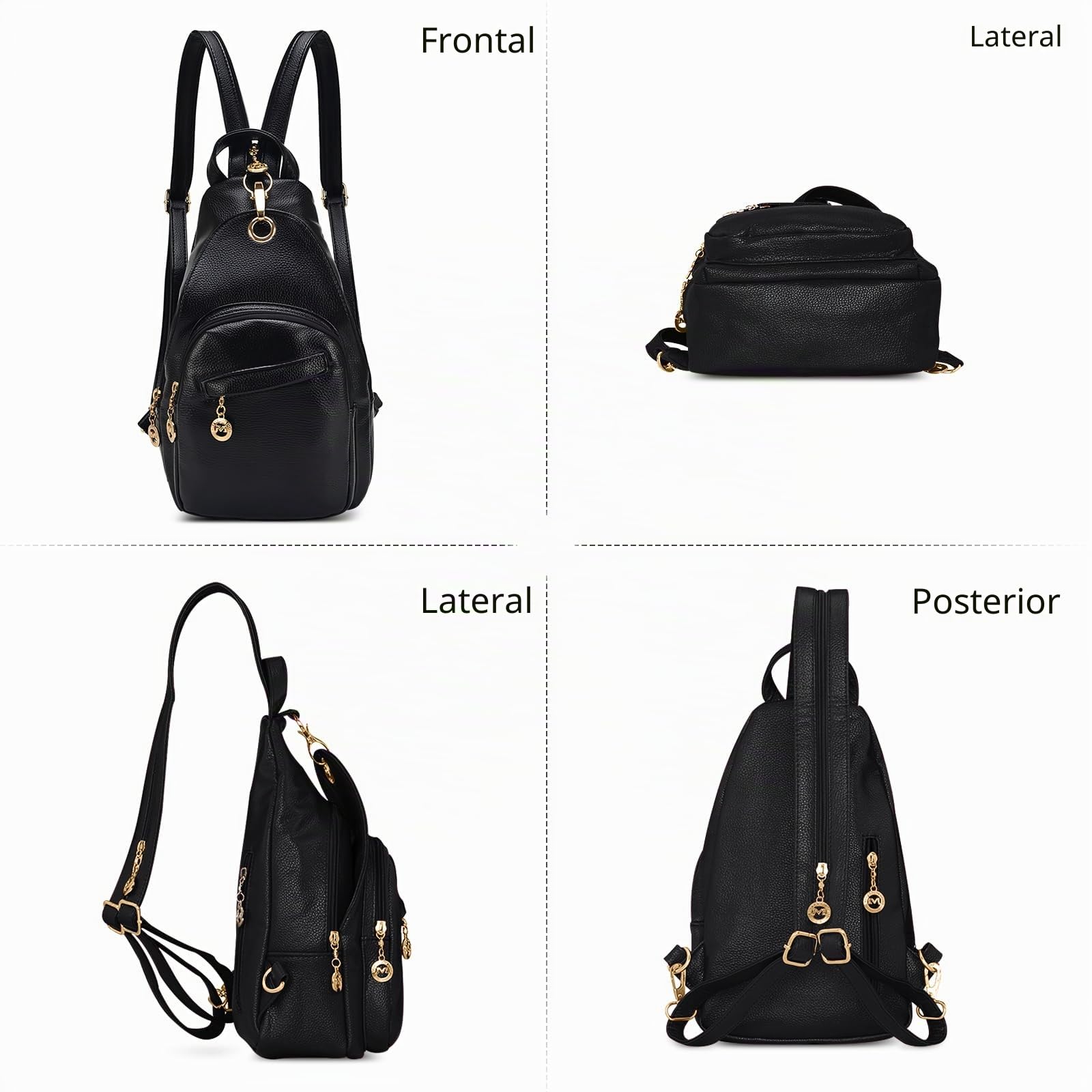 DIRRONA Mochila Mujer Moda Bolsa de Pecho de Mujer Casual Alta Capacidad Bolsas de Hombro Suave de PU Pequeña Impermeable Señora Anti Robo Múltiples Bolsillos Bolsa de Pecho Negro