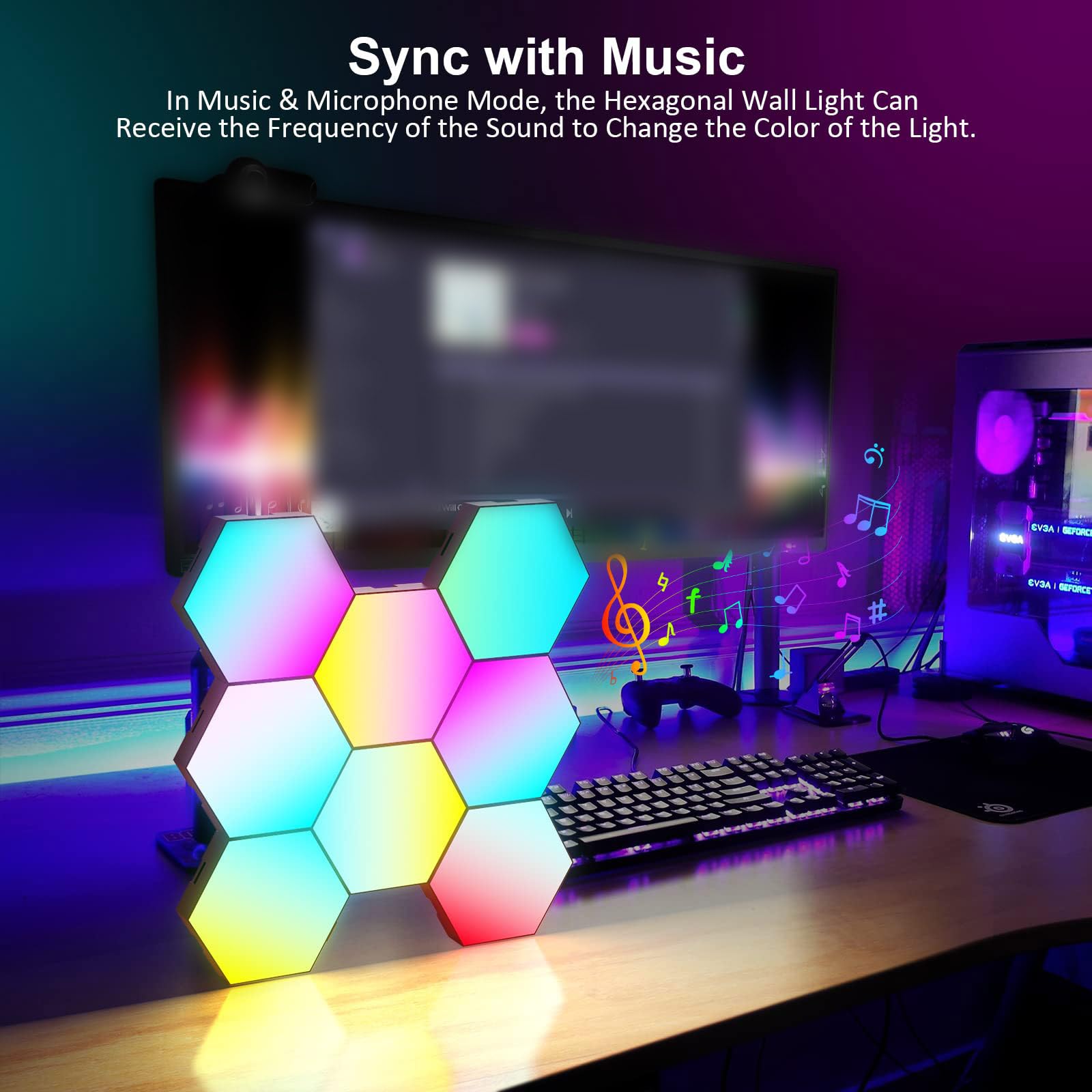 Vcwtty - Luces hexagonales de sincronización de música, luces LED inteligentes de pared, paquete de 10 unidades, paneles de pared RGB modulares ensamblados, luz hexagonal con alimentación USB para