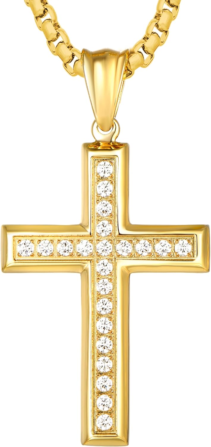 Cross Necklace for Men Stainless Steel Crucifix Pendant Silver White Gold Yellow Black Jesus Christ Plain Simple Women Fine Jewelry Gifts, 24 Inches Rolo Chain, Zirconia, Polished, Rope