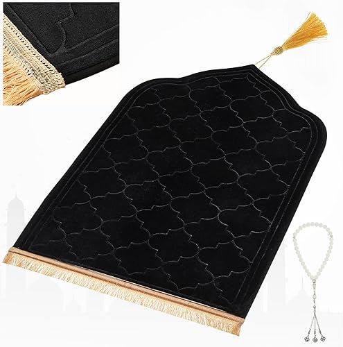 FUMMI Alfombra de oración musulmana, antideslizante, suave, islámica, para hombres y mujeres, elegante Janamaz con cuentas Tasbih (negro)