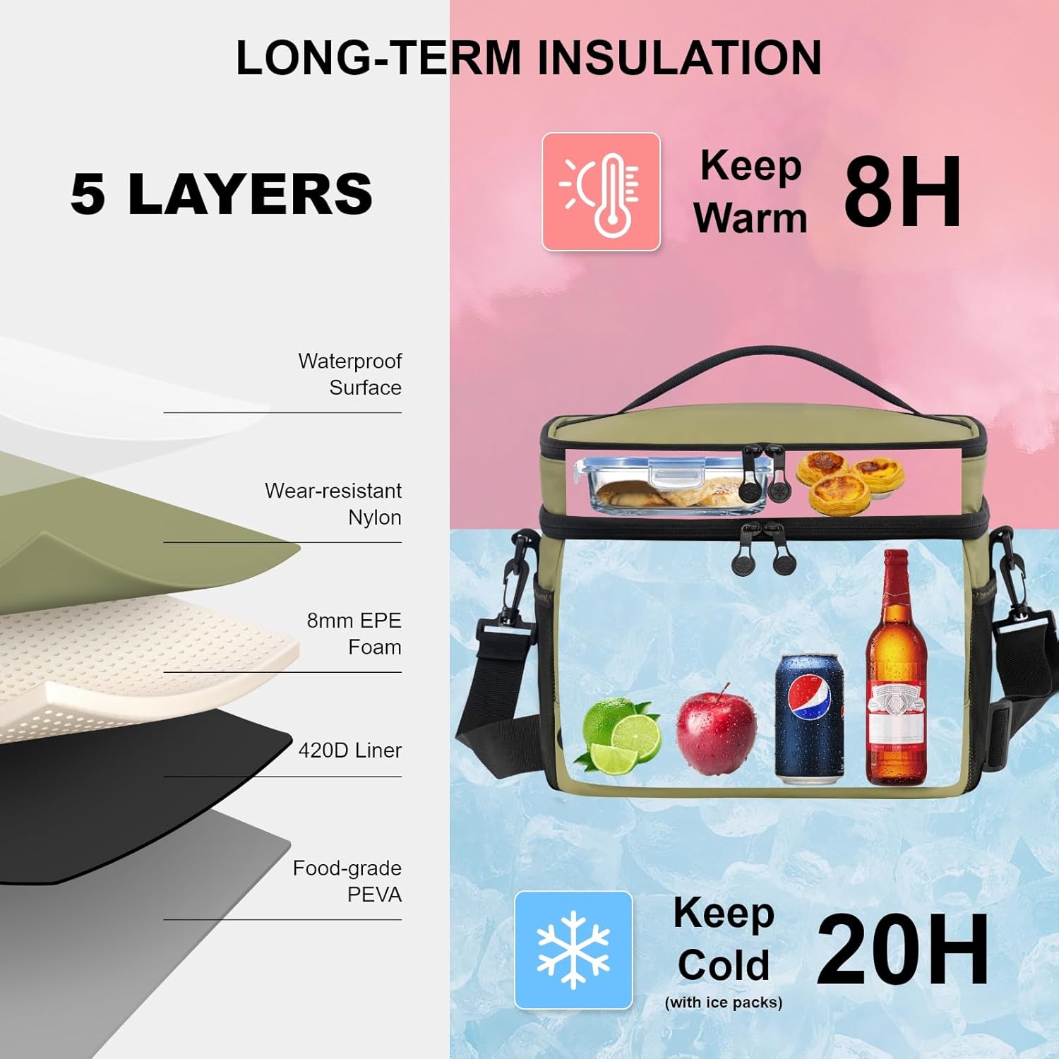 EVERFUN Small Cooler Bag 24/48 Can Insulated Lunch Box Double Deck Soft Leak-Proof Waterproof Collapsible Ice Chest for Men Women Work Travel Car Trip Picnic Beach