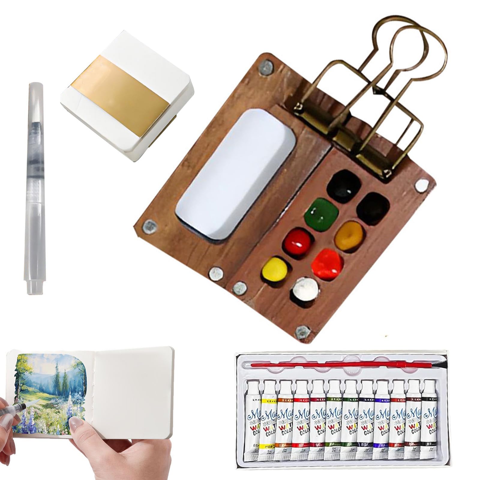 Kyno Walnut-8 Grids Tobios Mini Watercolour Paint Set, 15 Grids Travel Kit With Foldable Wooden Palette, Sketchbook, Brush, 5 Pieces(Walnut-8 Grids)