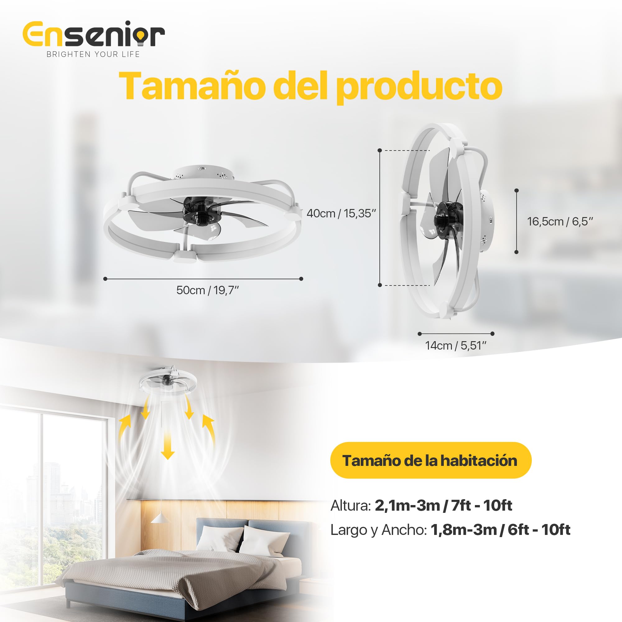 Ensenior Ventilador de Techo con Luz Silencioso, 50cm Lámpara Ventilador Techo con Aspas Desmontables, Motor DC, Plafón LED Regulable con Memoria y APP, 6 Velocidades para Dormitorio y Salón - Blanco
