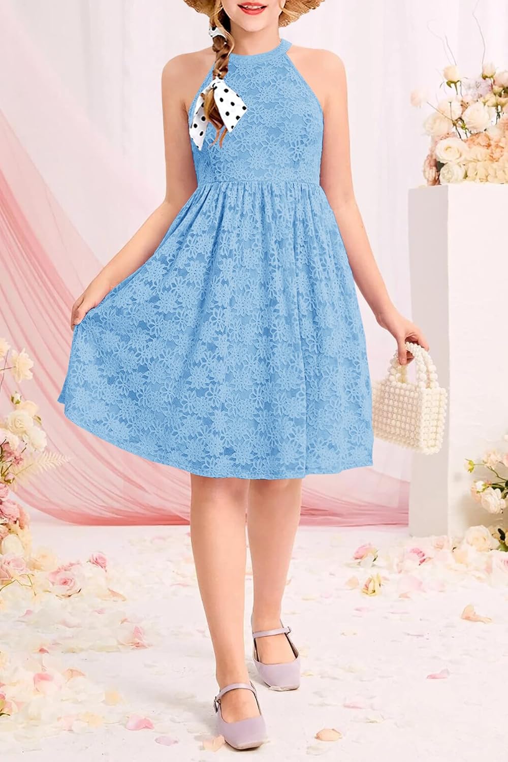 HOSIKA Girls Halter Neck Sleeveless Elegant Floral Lace A-line Flared Swing Party Dress for 6-12 Years Kid - Image 2