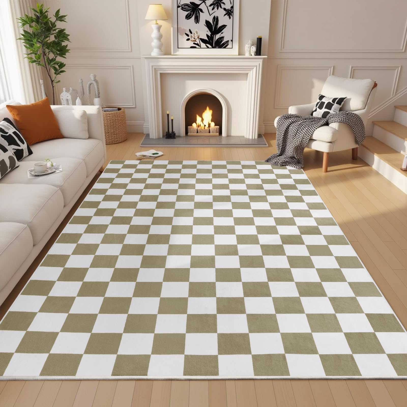 Terrug Beige and White Checkered Rug for Living Room,6x9 Area Rugs Washable with Non Slip for Bedroom,Soft Low Pile Stain Resistance Retro Carpet for Dorm Kids Room