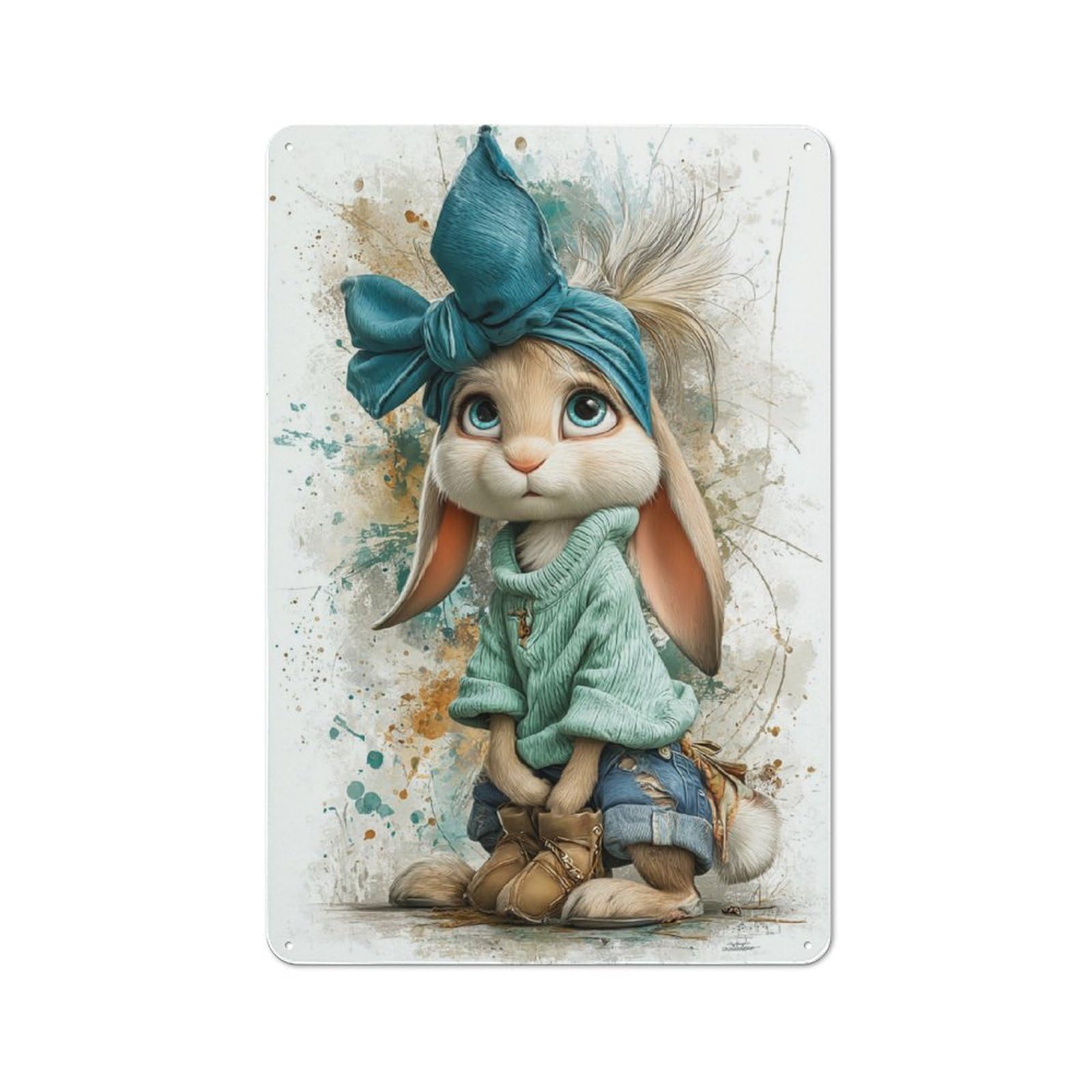 Junmoney Cute Bunny Fashionista Printed Metal Sign 30X20cm For Pub Or Café, With Clear Industrial Wall Decor Character