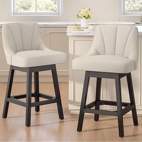 Miniatura 10 de Taburetes de bar giratorios con respaldos, taburetes de bar de 26 pulgadas de altura de mostrador, taburetes de bar tapizados de tela de lino con