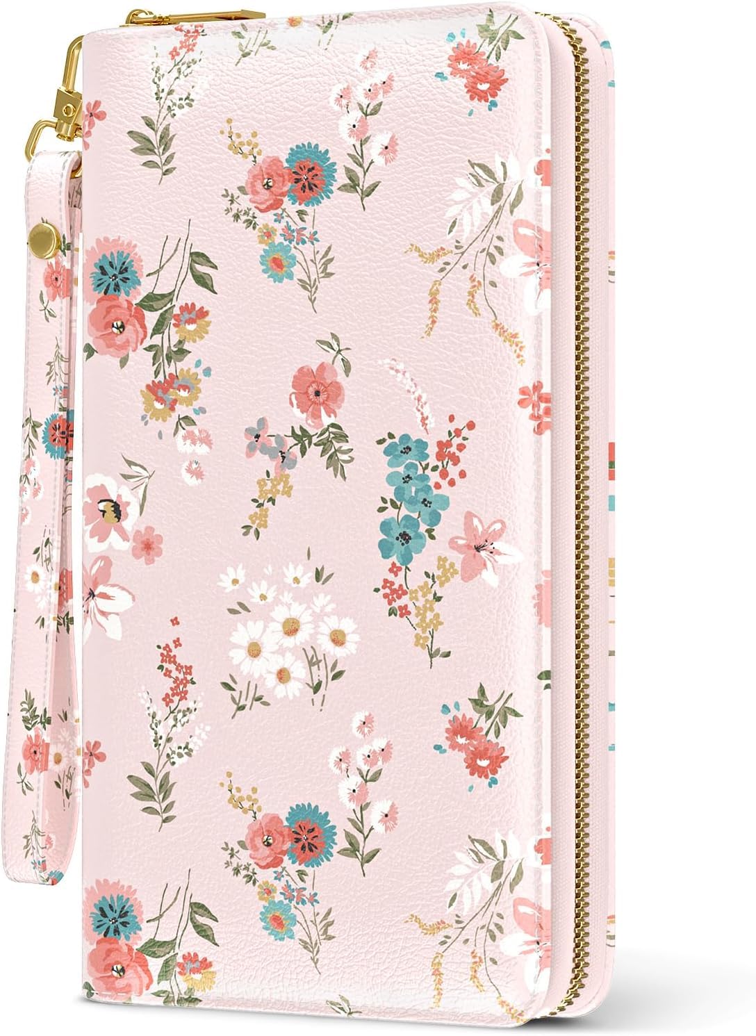 Valerie Womens Wallet, RFID Wristlet Wallet for Women, Cute Ladies Purse, Large Credit Card Clutch Purse, Leather Card Holder Wallets with Zipper & Phone Holder (Pink)